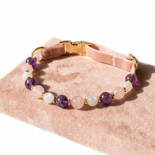 Crystal Energy Pet Collar with Amethyst Rose Quartz Moonstone