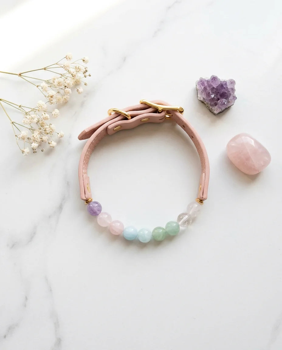 Rainbow Crystal Energy Pet Collar - marble flat lay